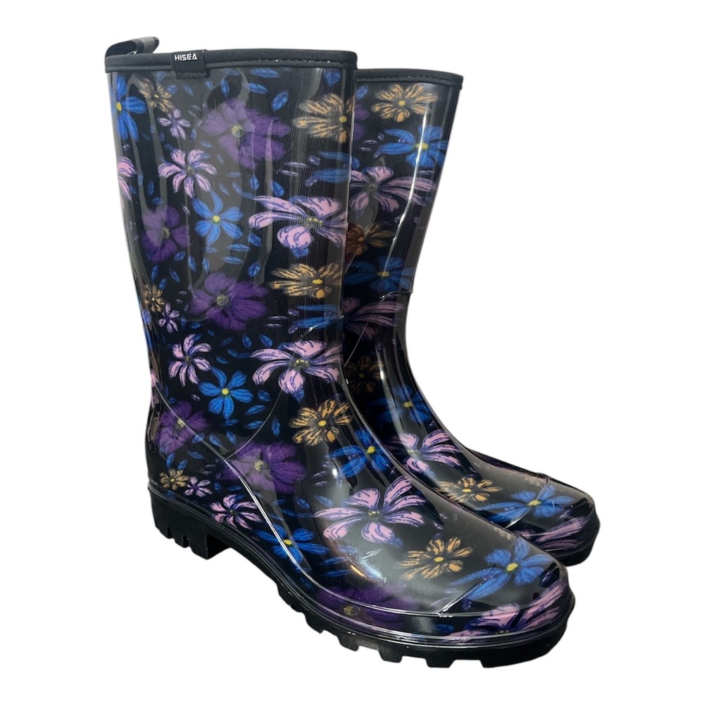 Hisea Rain Boots Size 9 Black Floral New Mid Calf Waterproof Rubber Lug Sole